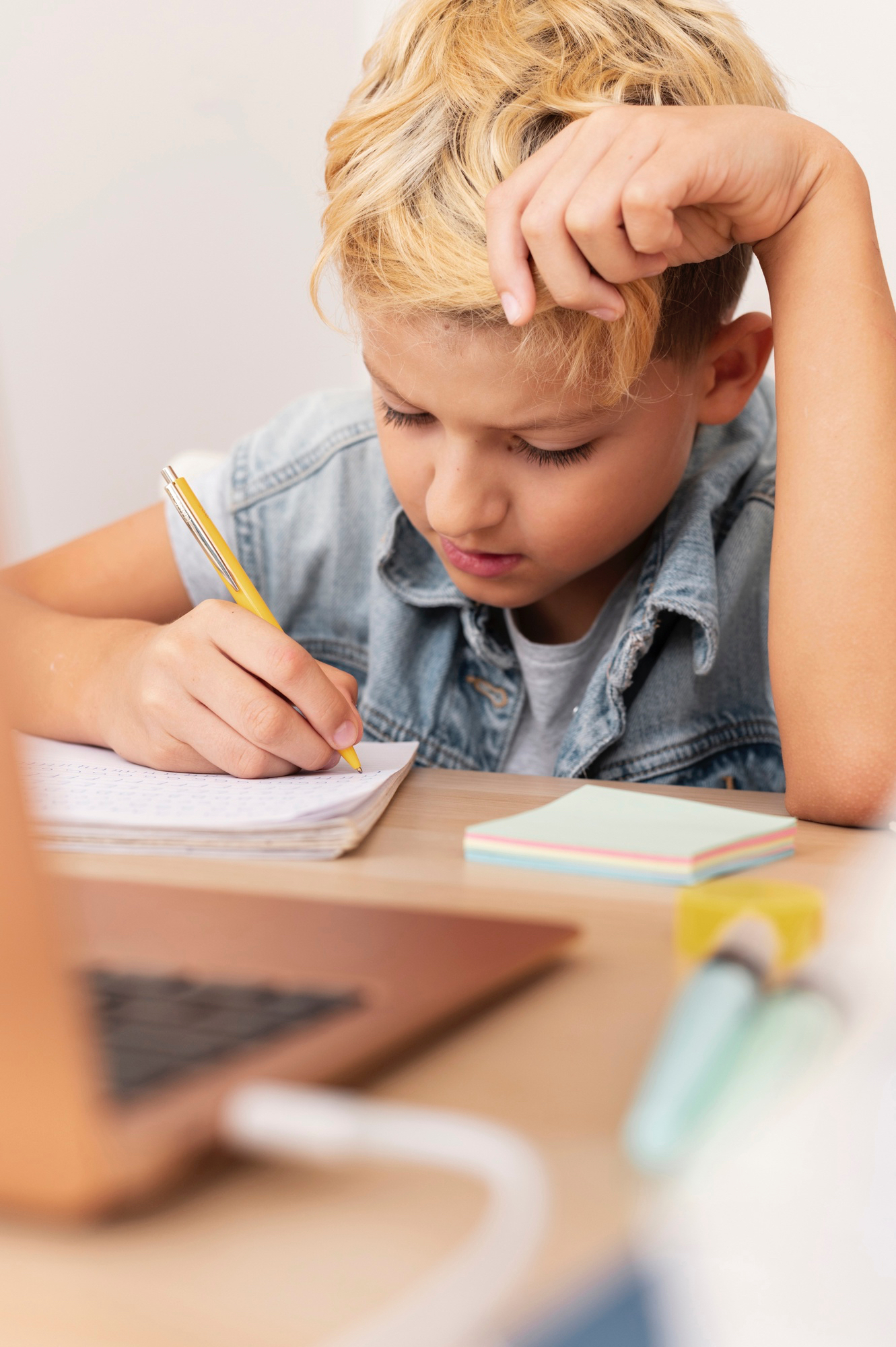 Criança frustrada a fazer trabalhos da escola